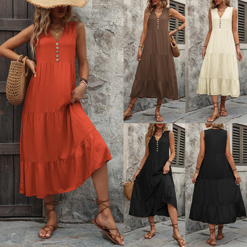 Damen Midikleid mit V-Ausschnitt und dekorativen Knöpfen R&B