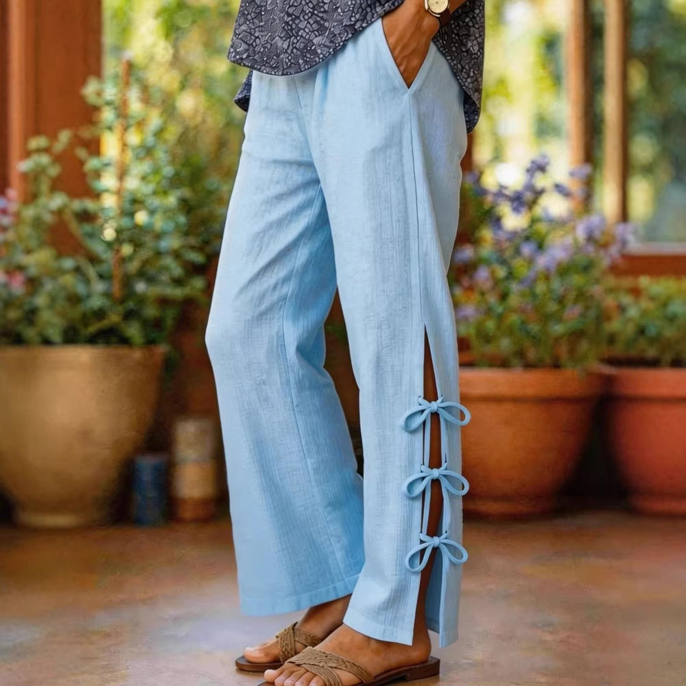 Damen Leichte Sommerhose mit seitlichen Bindegürtel undDekolleté-Schlitzen R&B