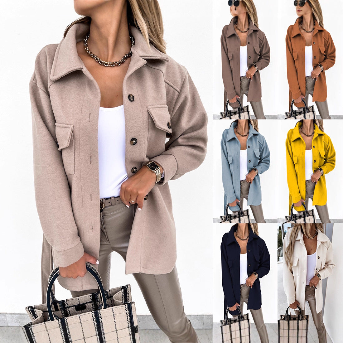 Damen Modische Overshirt-Jacke mit aufgesetzten Taschen und Knopfverschluss R&B
