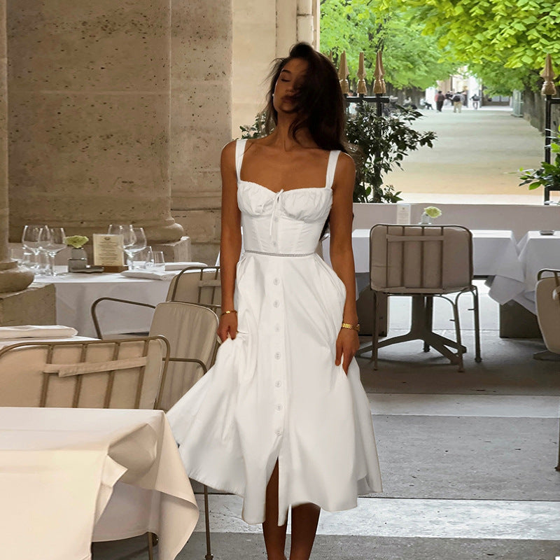 Damen langes Sommerkleid mit tailliertem Oberteil und eleganten Knopfdetails R&B