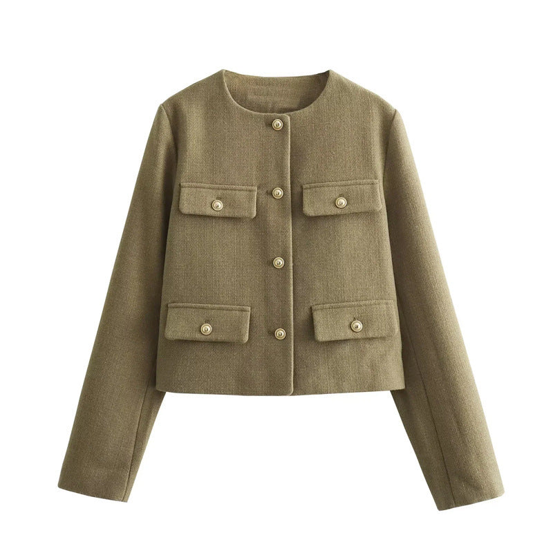 Damen Modische Kurzjacke mit dekorativen Knöpfen und praktischen Taschen R&B