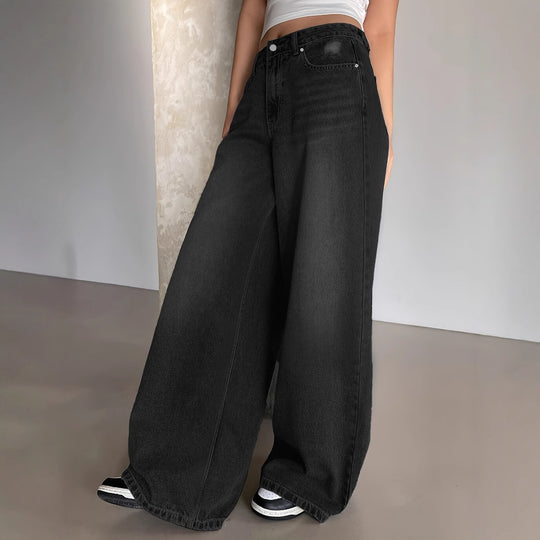 Damen Weite Denim-Hose mit hohem Bund und bequemer Passform R&B