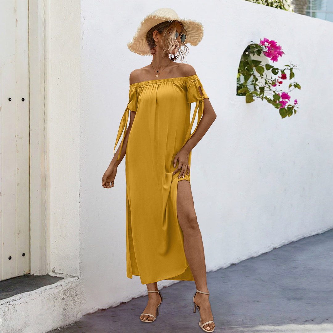 Damen elegantes Off-Shoulder Maxikleid mit seidigem Glanz und seitlichem Schlitz R&B