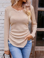 Damen Langarmshirt mit V-Ausschnitt und Rippstruktur