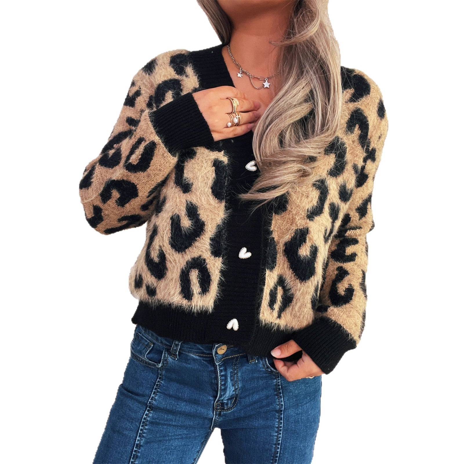 Damen oversized Strickjacke mit tierischem Leopardenmuster und knöpfbarem Design R&B