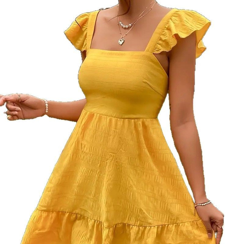 Damen luftiges Baumwollkleid mit Rüschendetails und offenen Rücken R&B