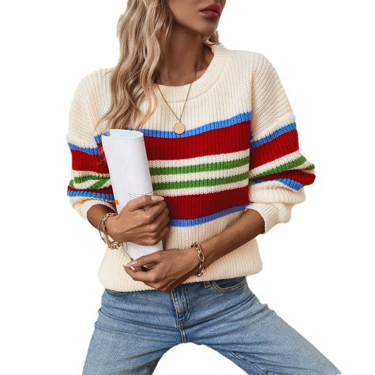 Damen lockerer Strickpullover mit buntem Blockstreifen und Rundhalsausschnitt R&B