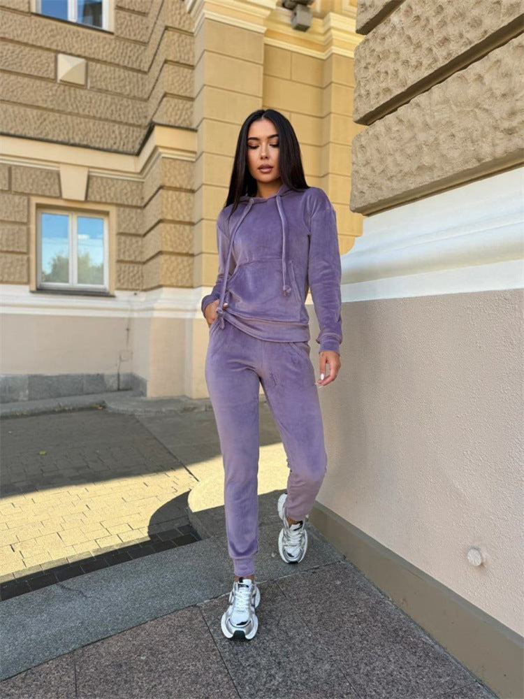 Damen lässiges Fleece-Jogginganzug-Set mit Kapuze und elastischem Bund R&B