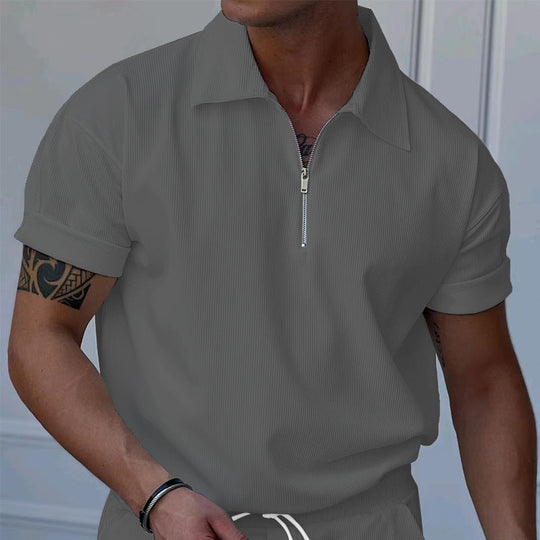 Herren Kurzarm Polohemd mit Reißverschluss und strukturiertem Stoff R&B