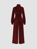 Damen eleganter Samt-Jumpsuit mit schickem Kragen und weitem Bein R&B