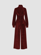 Damen eleganter Samt-Jumpsuit mit schickem Kragen und weitem Bein R&B