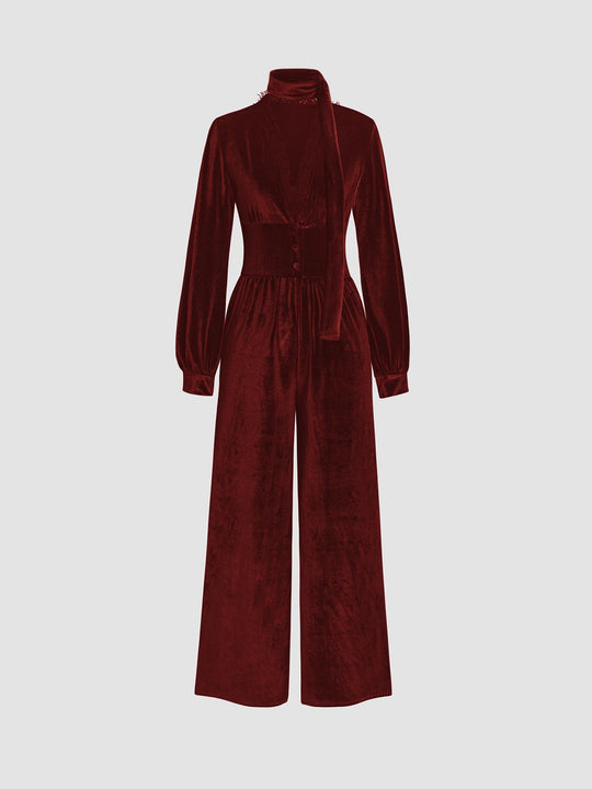 Damen eleganter Samt-Jumpsuit mit schickem Kragen und weitem Bein R&B
