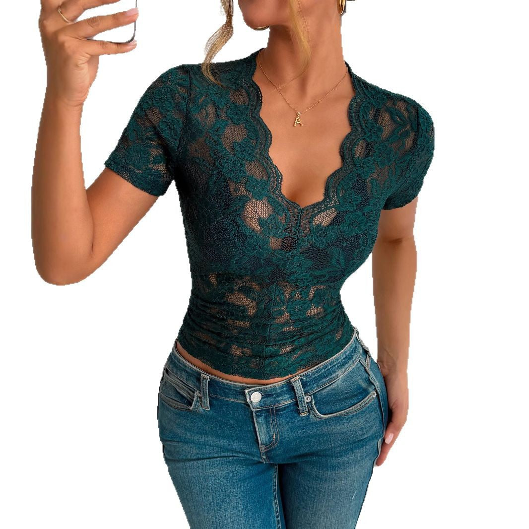 Damen Kurzarmspitzenoberteil mit romantischem Rundhalsausschnitt und figurformendem Design R&B