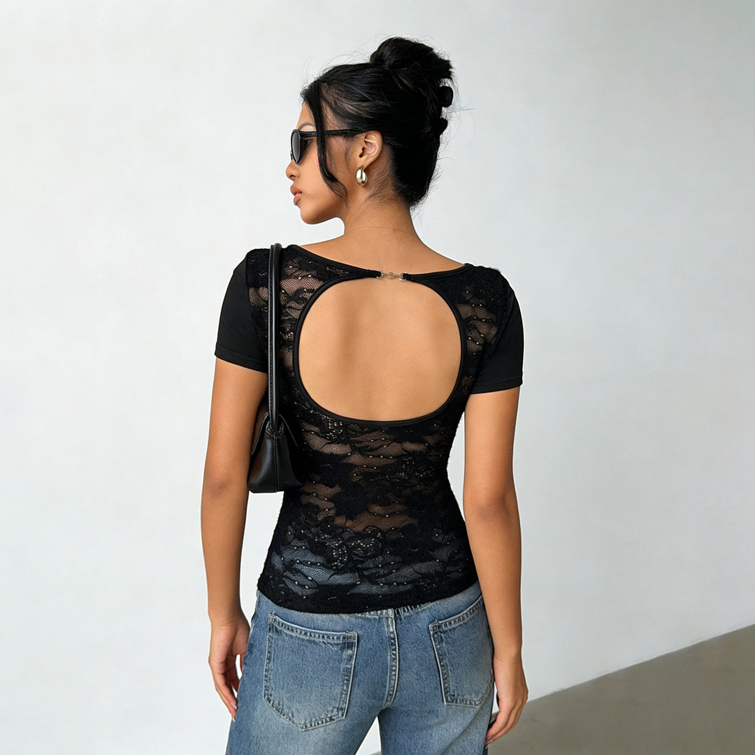 Damen elegantes figurbetontes T-Shirt mit geschlossenen Rückenausschnitt R&B