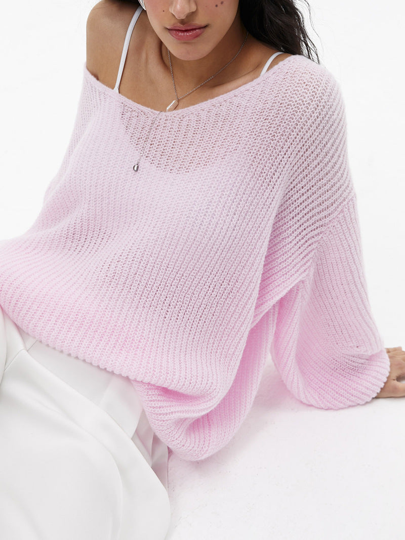 Damen lässiger Strickpullover mit weiten Ärmeln und tiefem V-Ausschnitt R&B