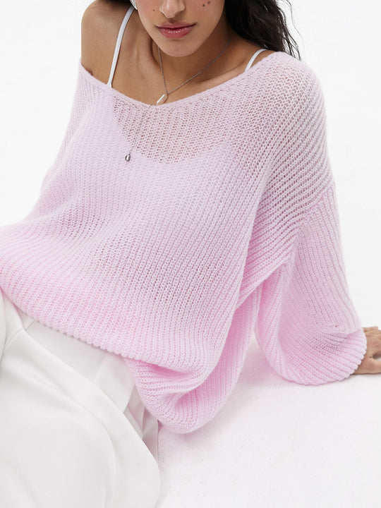 Damen lässiger Strickpullover mit weiten Ärmeln und tiefem V-Ausschnitt R&B