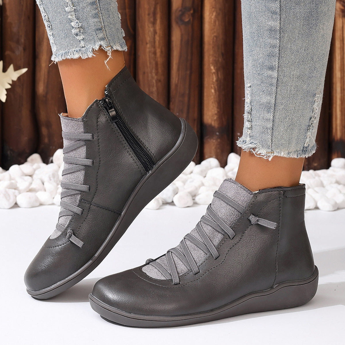 Damen nan sportliche knöchelhohe Schnürstiefelette mit seitlichem Reißverschluss und flexibler Gummisohle R&B