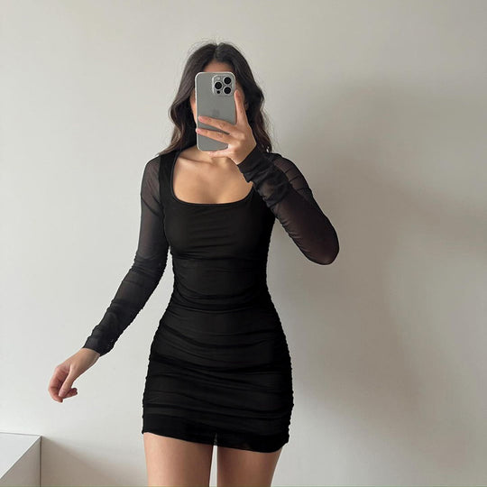 Damen figurbetontes Minikleid mit transparenten langärmeligen Einsätzen und Rüschendetails R&B
