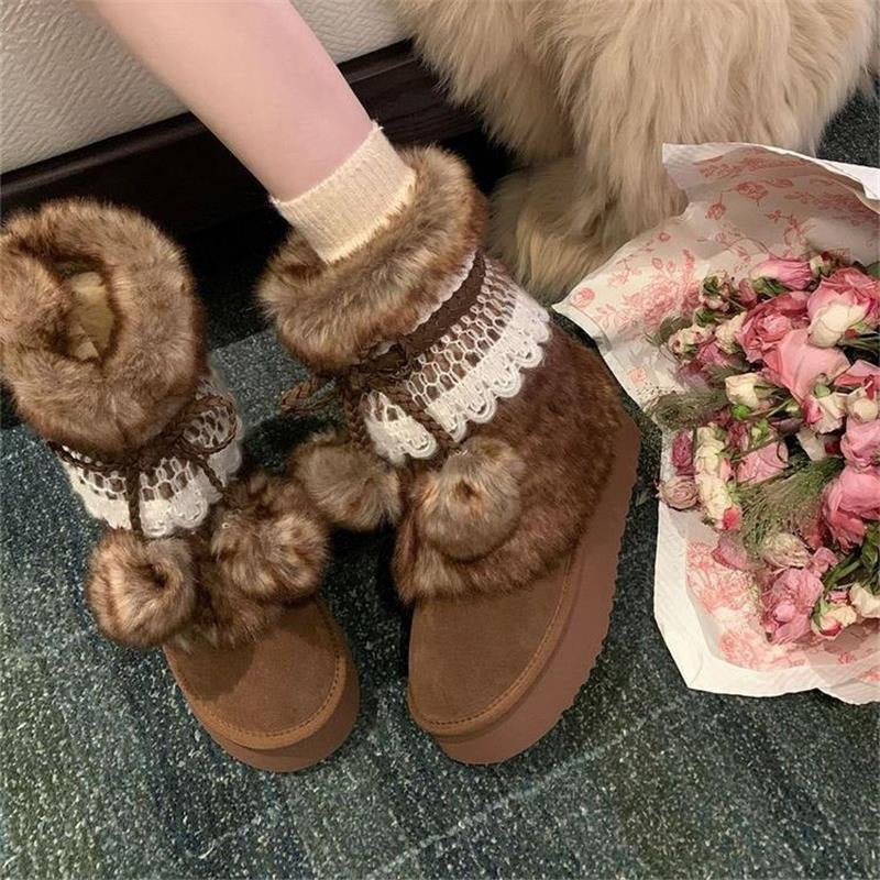 Damen Flauschige Winterboots mit dekorativem Kunstfell und praktischen Schnürdetails R&B