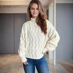Damen Strickpullover mit hohem Kragen und strukturierter Zopfoptik R&B