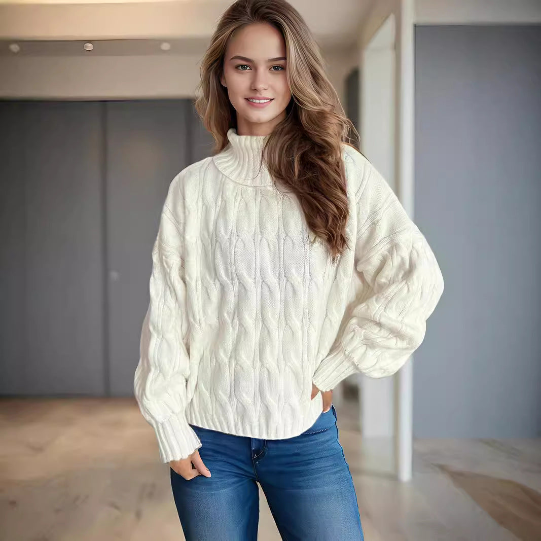 Damen Strickpullover mit hohem Kragen und strukturierter Zopfoptik R&B