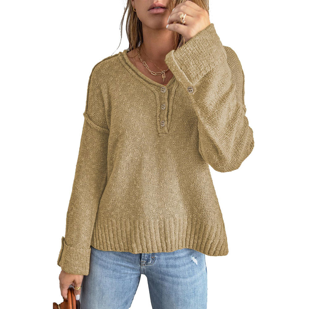 Damen Grober Strickpullover mit Knopfleiste und weitem Schnitt R&B