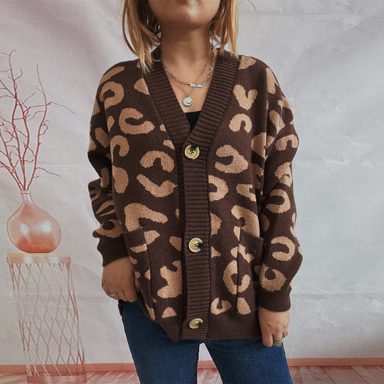 Damen grob gestrickte Cardigan mit tierischem Leopardenmuster und Knopfdetails R&B