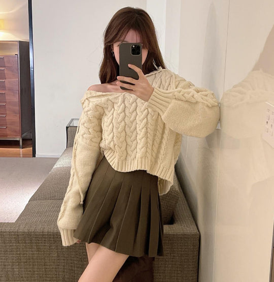Damen Zopfmuster Pullover mit Kapuze und V-Ausschnitt R&B