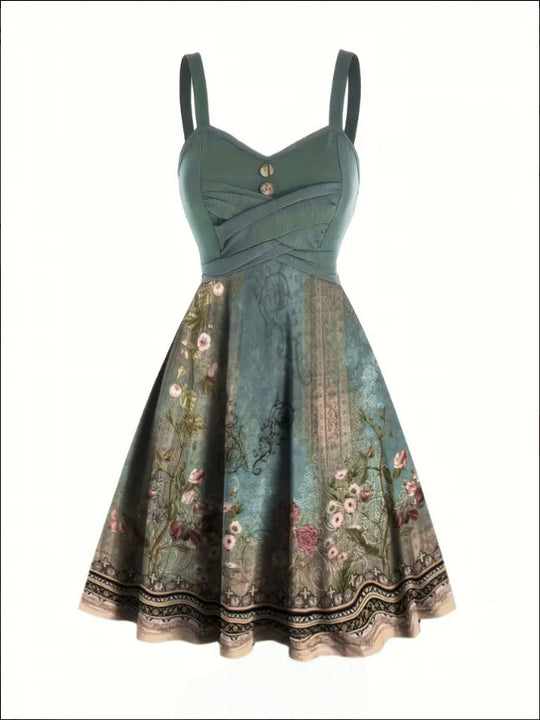 Damen A-Linien Kleid mit floralem Design und Zierknöpfen R&B