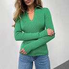 Damen Eleganter, gerippter Pullover mit tiefem V-Ausschnitt R&B