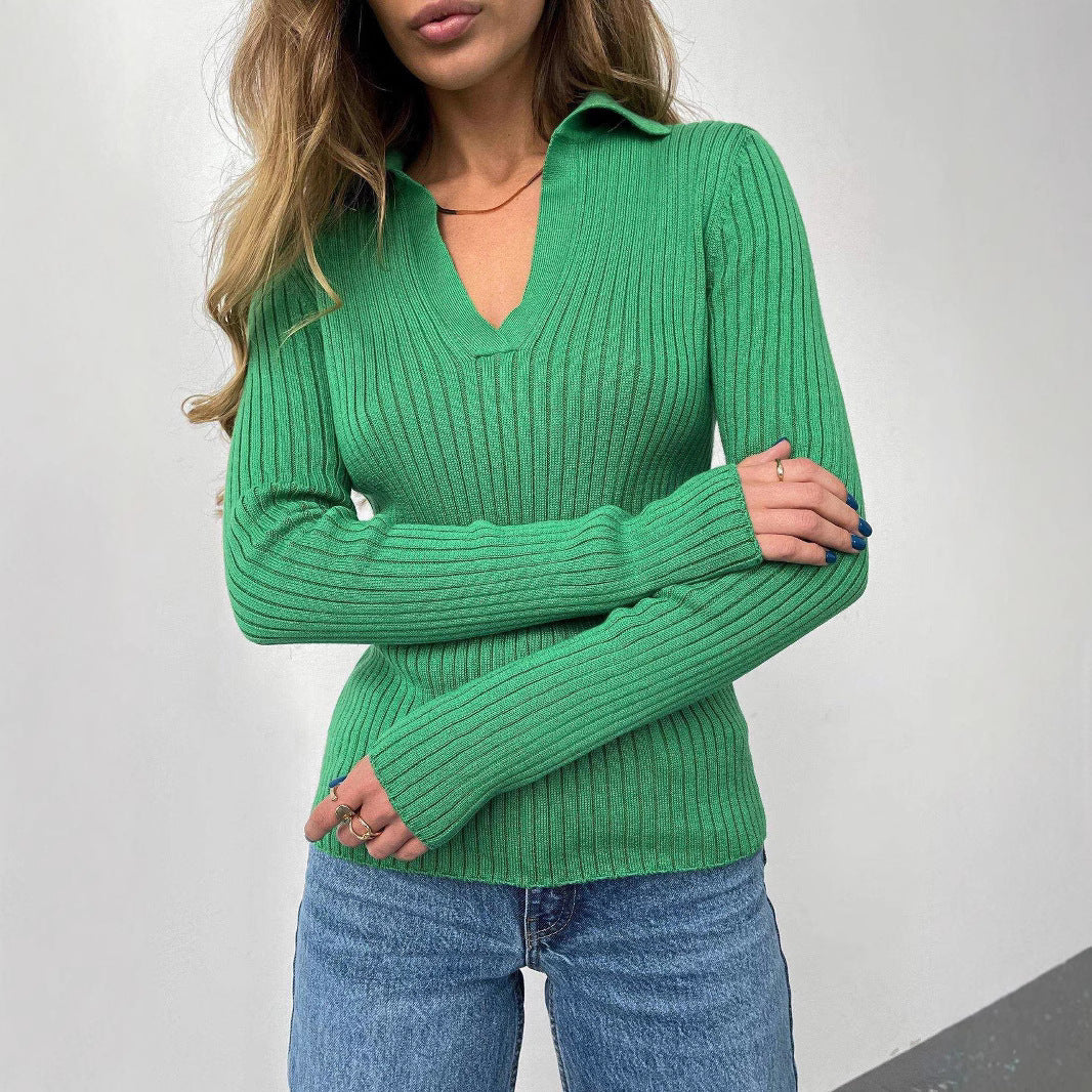 Damen Eleganter, gerippter Pullover mit tiefem V-Ausschnitt R&B