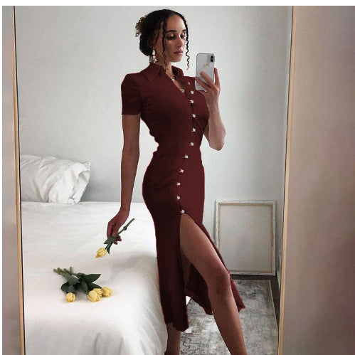 Damen Elegantes Maxikleid mit Knopfverschluss und schickem Schlitz R&B