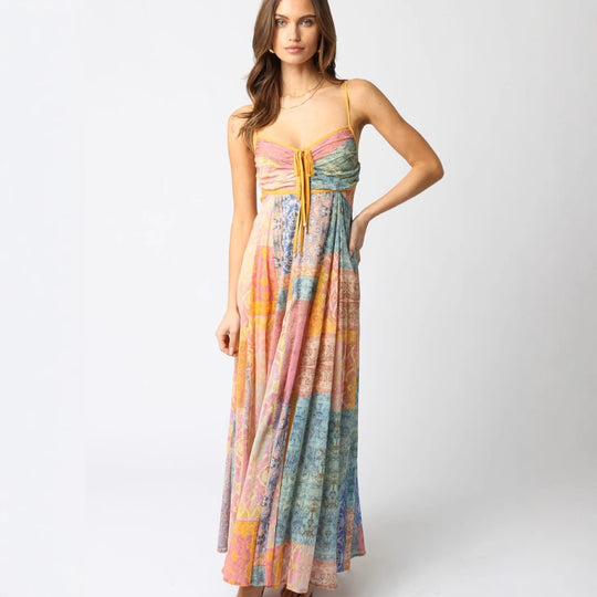 Damen nan bodenlanges Maxikleid mit gerafftem Bustier, Tunnelzug und Patchwork-Print R&B
