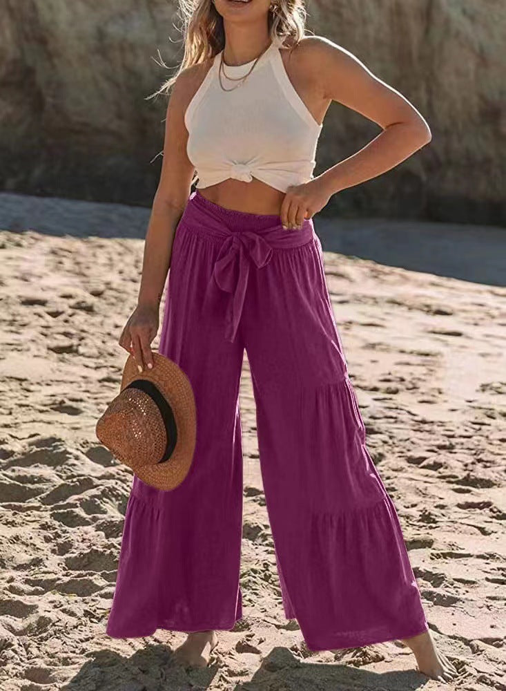 Damen luftige Palazzo-Hose mit elastischem Bund und praktischem Bindegürtel R&B