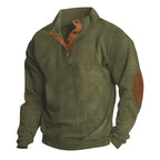 Herren nan gerippter Baumwollmix-Pullover mit Stehkragen, Knopfleiste und Lederoptik-Ellenbogenpatches R&B