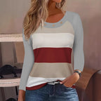 Damen Langarm T-Shirt mit modischem Streifenmuster und dekorativen Knöpfen R&B