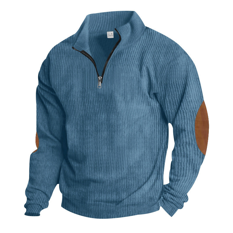 Herren nan gerippter Feinstrick-Pullover mit kurzem Reißverschluss Stehkragen und Lederoptik-Ellbogenpatches R&B