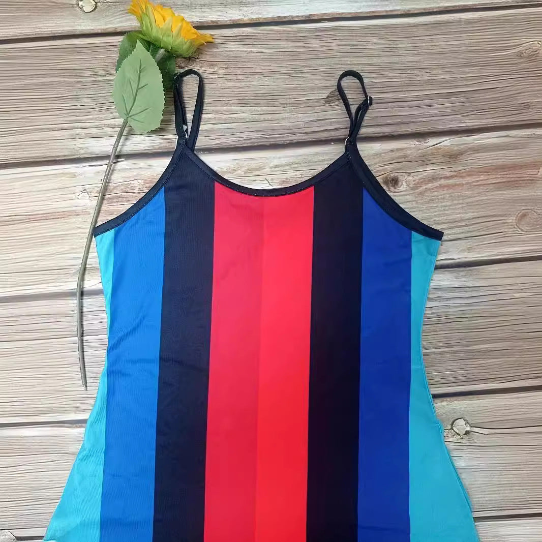 Damen Maxikleid mit tiefem V-Ausschnitt und stilvollem Streifenmuster R&B