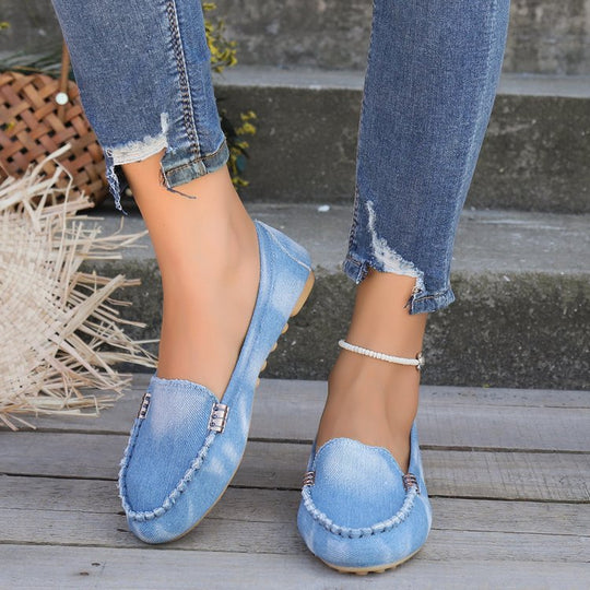 Damen nan lässige Denim-Mokassin-Slipper mit elastischem Einstieg und rutschfester Gummisohle R&B