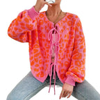 Damen Strickjacke mit einzigartigem Leopardenmuster und verstellbarem Kordelzug R&B