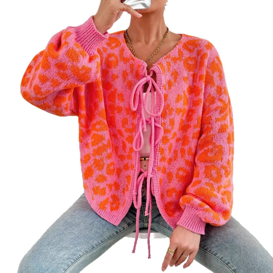 Damen Strickjacke mit einzigartigem Leopardenmuster und verstellbarem Kordelzug R&B