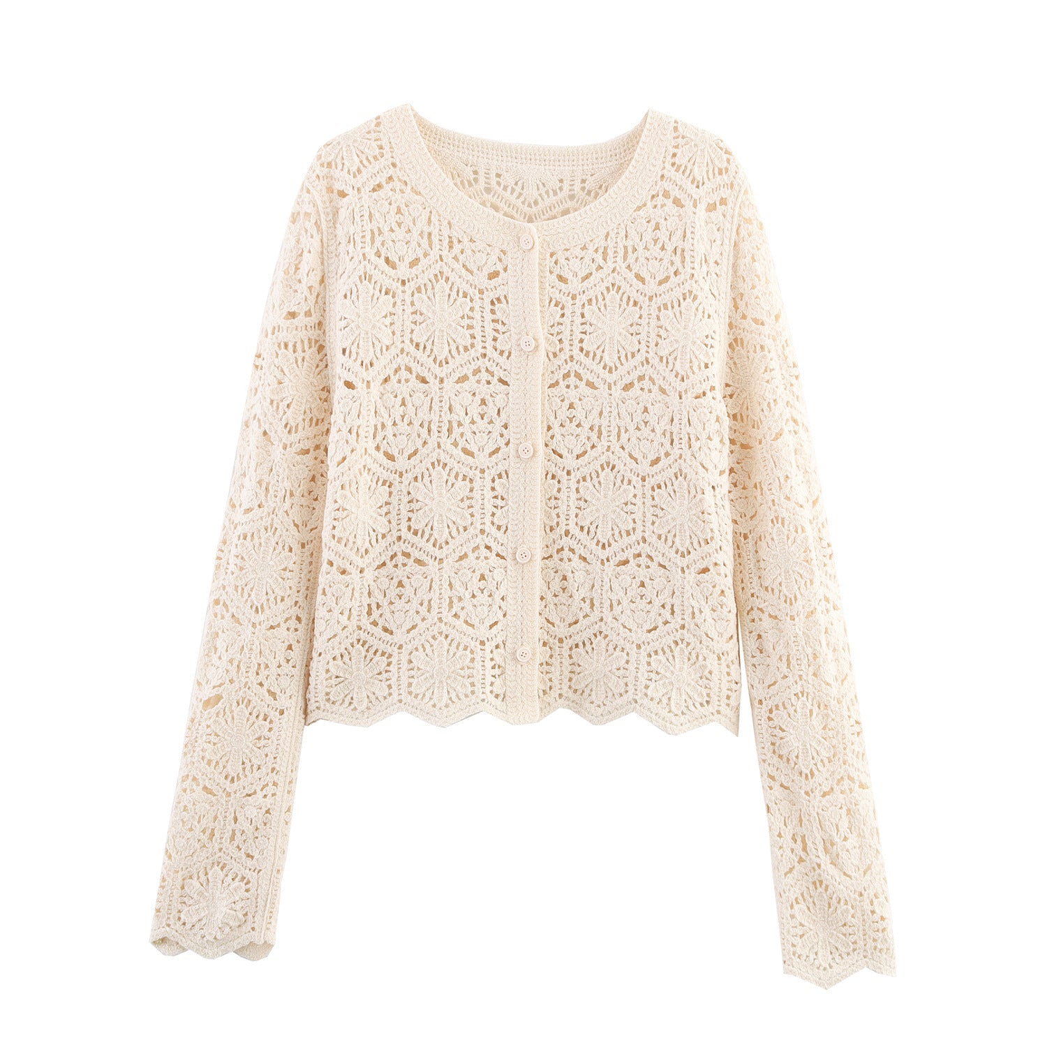 Damen lässige Strickjacke mit floralem Lochmuster und Knopfleiste R&B