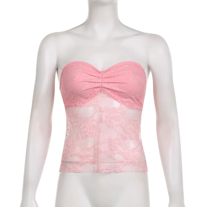 Damen Spitzen-Crop-Top mit elegante Raffung und transparenter Details R&B