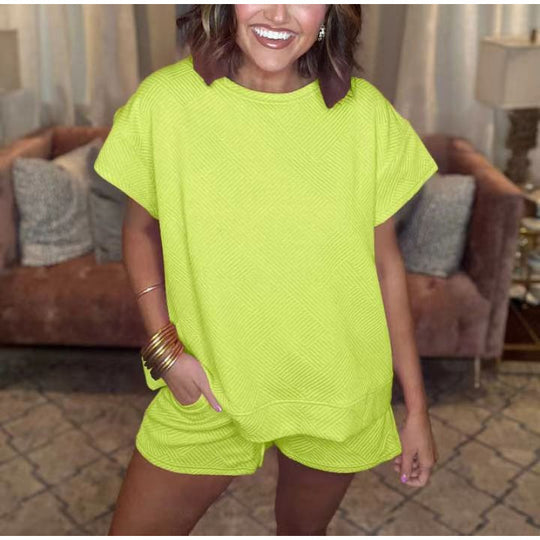 Damen gemütliches Freizeit-Set mit strukturiertem Oberteil und Shorts R&B