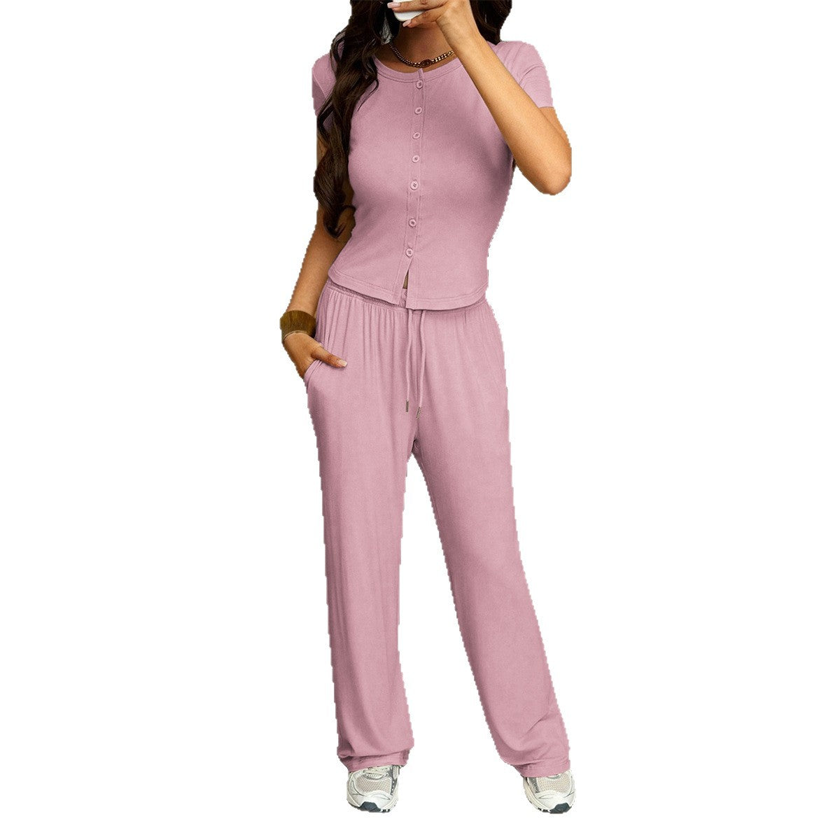 Damen Bequemes Zweiteiliges Set mit Kurzarmoberteil und lockerer Hose R&B