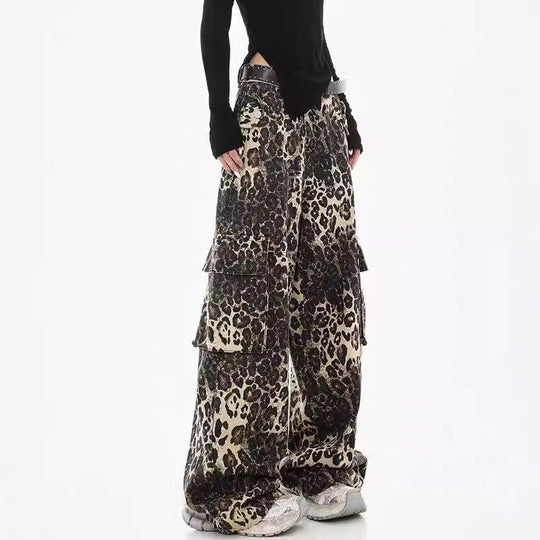 Damen Weite Cargohose im modischen Leopardenmuster mit praktischen Taschen und hohem Bund R&B