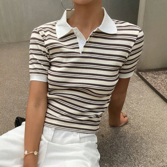 Damen Polo Shirt mit gestreiftem Design und feiner Rippstruktur R&B