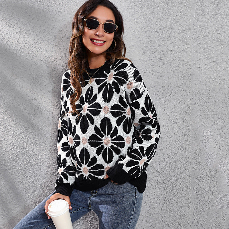 Damen Gemusterter Strickpullover mit floralem Design und hohem Kragen R&B
