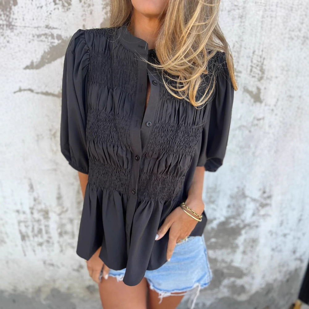 Damen elegante Bluse mit Raffung und durchgehender Knopfleiste R&B