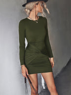 Damen Knielanges Wickelkleid mit Raffungen und langem Arm R&B